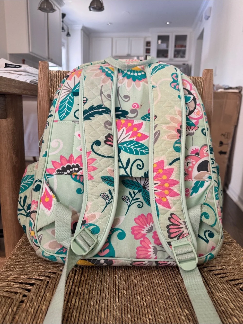 Vera Bradley Quilted Floral Backpack in Mint with Pink & Teal Accents